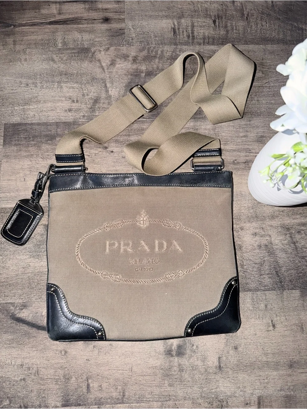 Prada Beige Canvas Messenger Bag with Black Trim